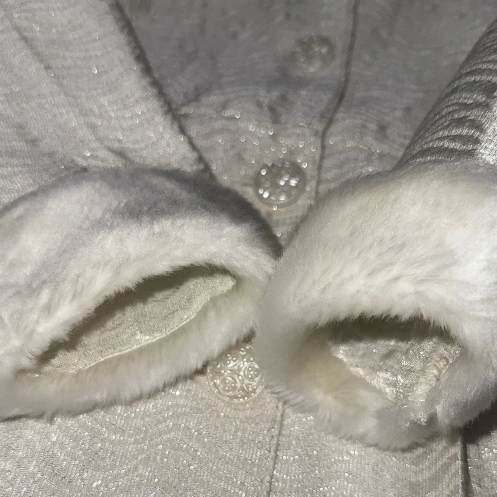 Elegant kids Faux Fur Trimmed sliver shimmer ivory like Coat